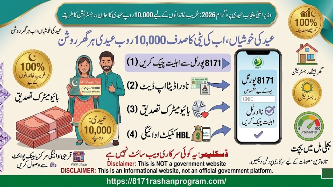 🌙 وزیراعلیٰ پنجاب عیدی پروگرام 2026 غریب خاندانوں کے لیے 10,000 روپے عیدی کا اعلان، رجسٹریشن کا طریقہ